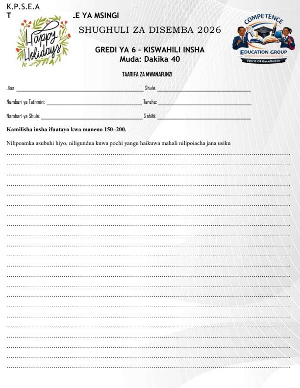 Page 1 – Grade 4 Kiswahili Insha December 2026 Holiday Assignment – Kenyaplex