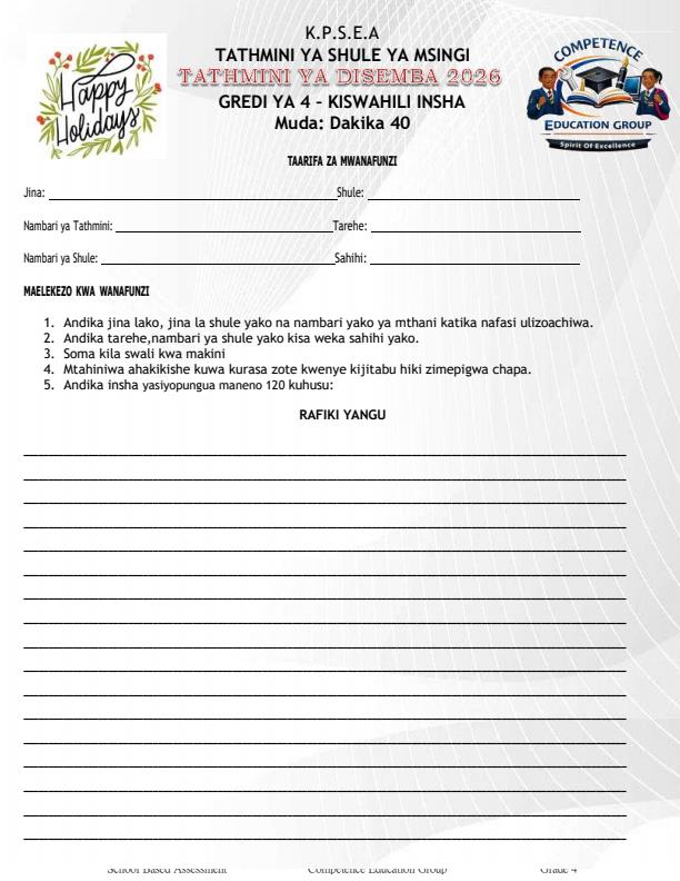 Page 1 – Grade 4 Kiswahili Insha December 2026 Holiday Assignment – Kenyaplex