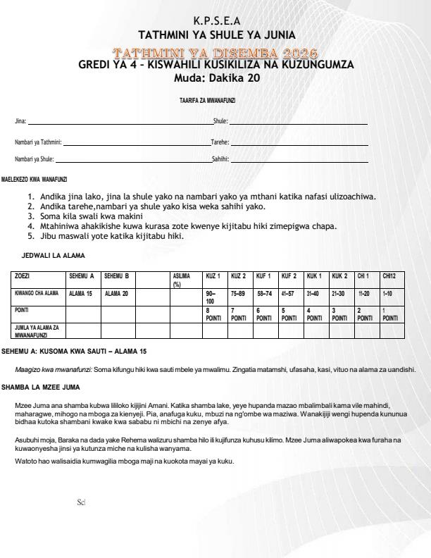 Page 1 – Grade 4 Kiswahili Kusikiliza na Kuzungumza December 2026 Holiday Assignment – Kenyaplex