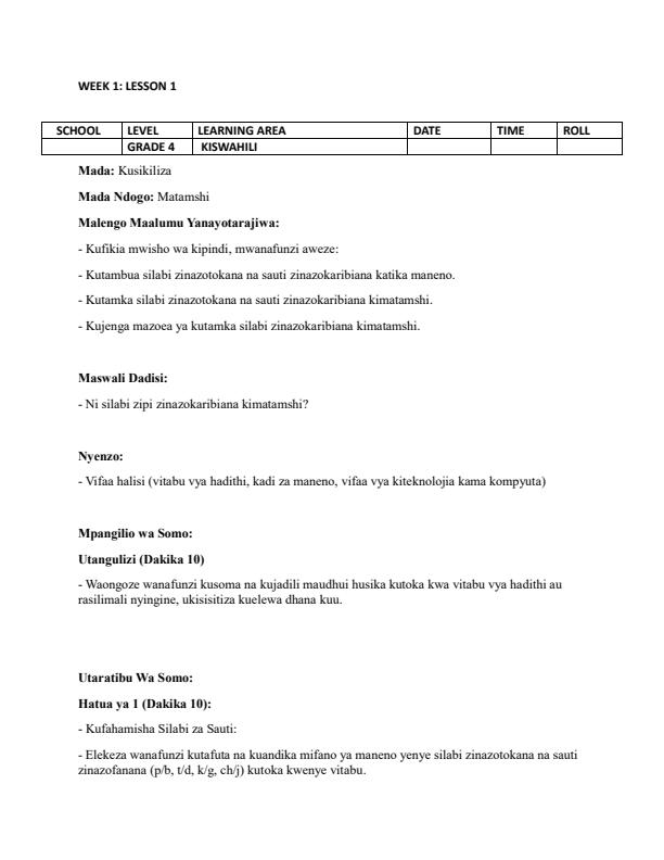 Page 1 – Grade 4 Kiswahili Lesson Plans Term 1 - Kiswahili Sahili – Kenyaplex