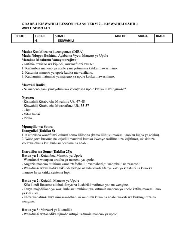 Page 1 – Grade 4 Kiswahili Lesson Plans Term 2 - Kiswahili Sahili – Kenyaplex