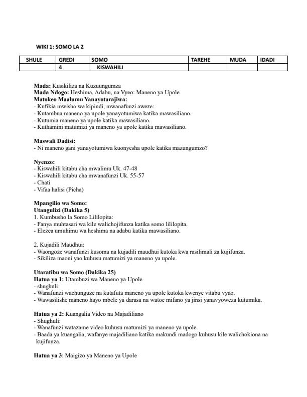 Page 3 – Grade 4 Kiswahili Lesson Plans Term 2 - Kiswahili Sahili – Kenyaplex