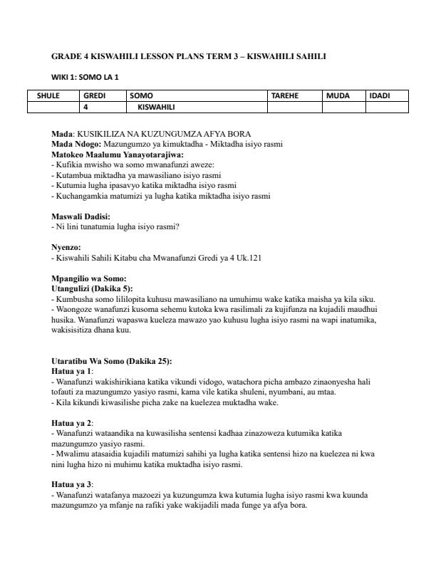 Page 1 – Grade 4 Kiswahili Lesson Plans Term 3 - Kiswahili Sahili – Kenyaplex