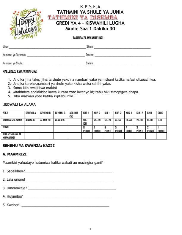 Page 1 – Grade 4 Kiswahili Lugha December 2026 Holiday Assignment  – Kenyaplex