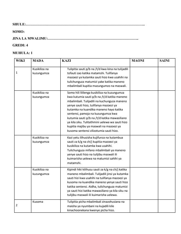 Page 1 – Grade 4 Kiswahili Records of Work Term 1 – Kenyaplex