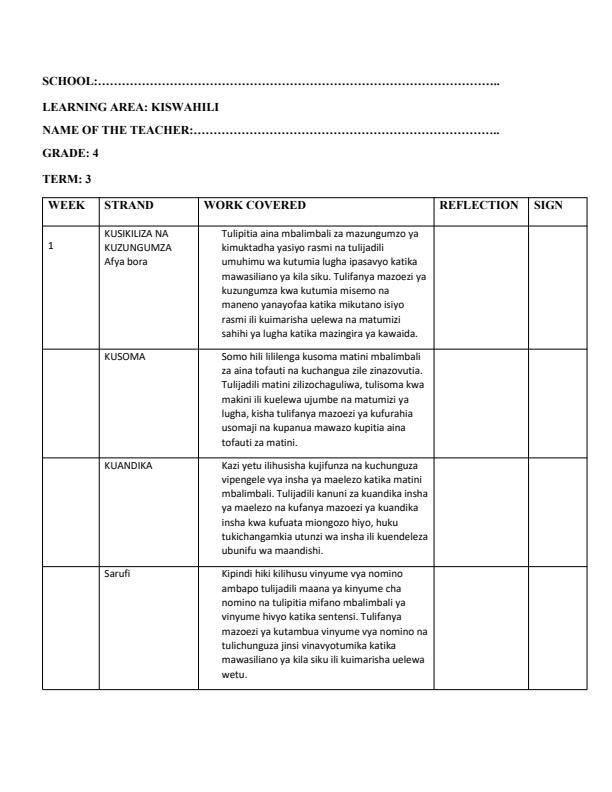 Page 1 – Grade 4 Kiswahili Records of Work Term 3 - Kiswahili Sahili – Kenyaplex