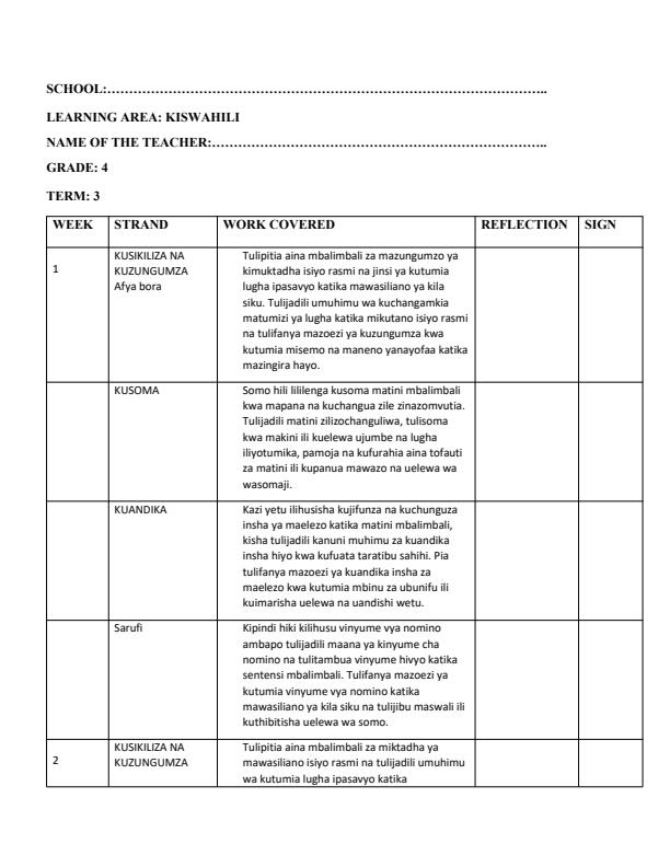 Page 1 – Grade 4 Kiswahili Records of Work Term 3 - Longhorn – Kenyaplex