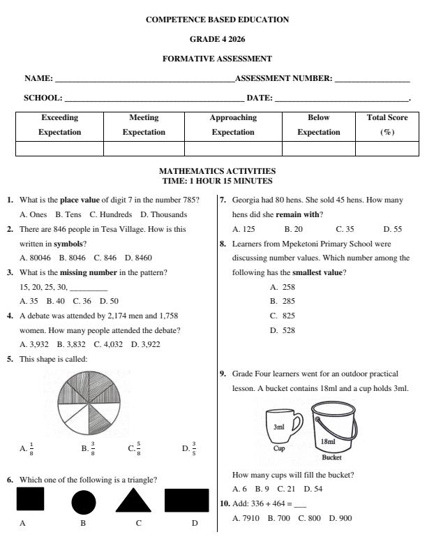 Page 1 – Grade 4 Mathematics Activities April 2026 Holiday Assignment – Kenyaplex