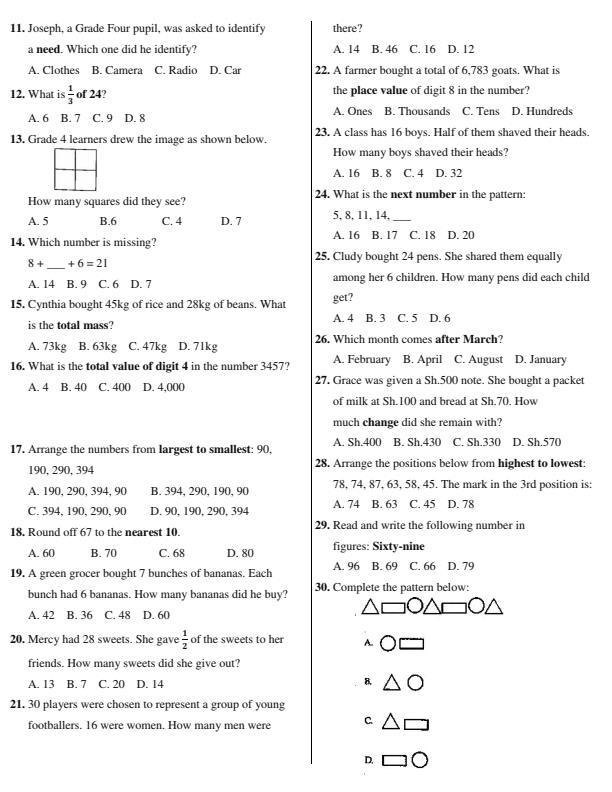Page 2 – Grade 4 Mathematics Activities April 2026 Holiday Assignment – Kenyaplex