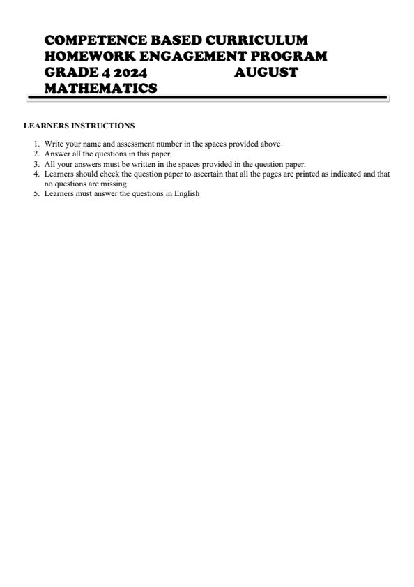Page 1 – Grade 4 Mathematics August 2024 Holiday Assignment – Kenyaplex