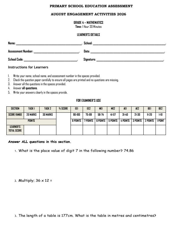Page 1 – Grade 4 Mathematics August 2026 Holiday Assignment – Kenyaplex
