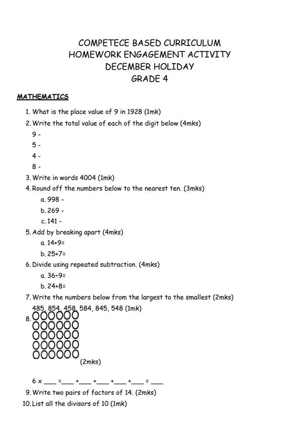 Page 1 – Grade 4 Mathematics December 2024 Holiday Assignment – Kenyaplex