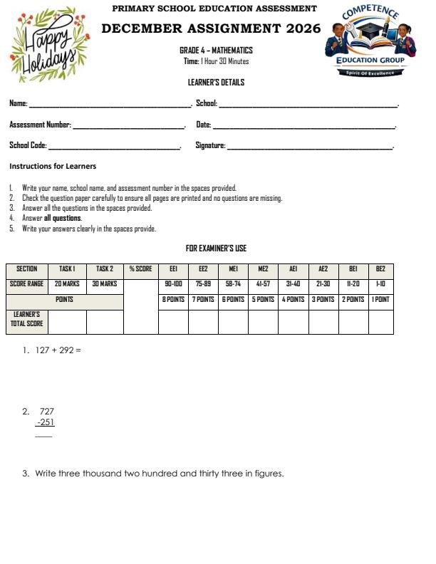 Page 1 – Grade 4 Mathematics December 2026 Holiday Assignment – Kenyaplex