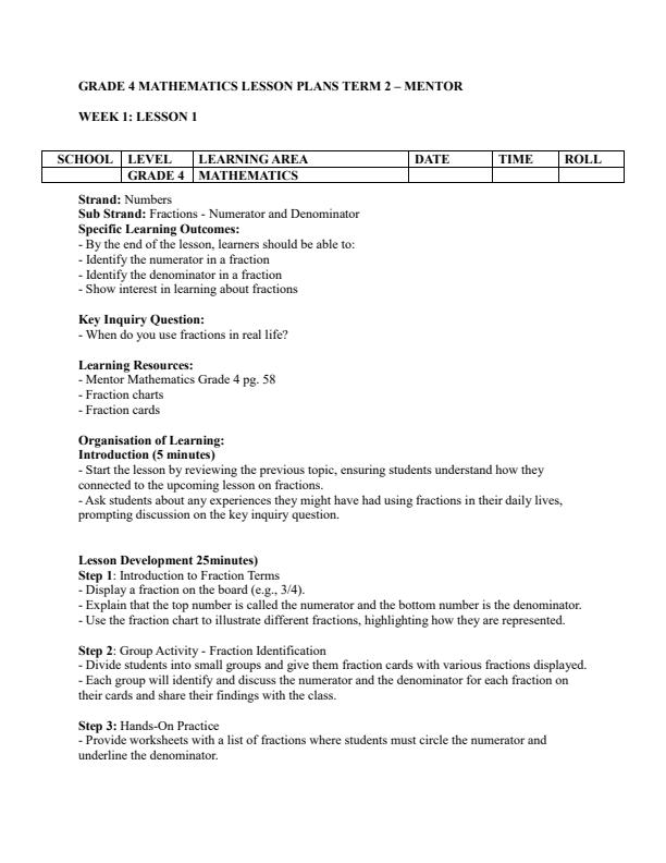 Page 1 – Grade 4 Mathematics Lesson Plans Term 2 - Mentor – Kenyaplex
