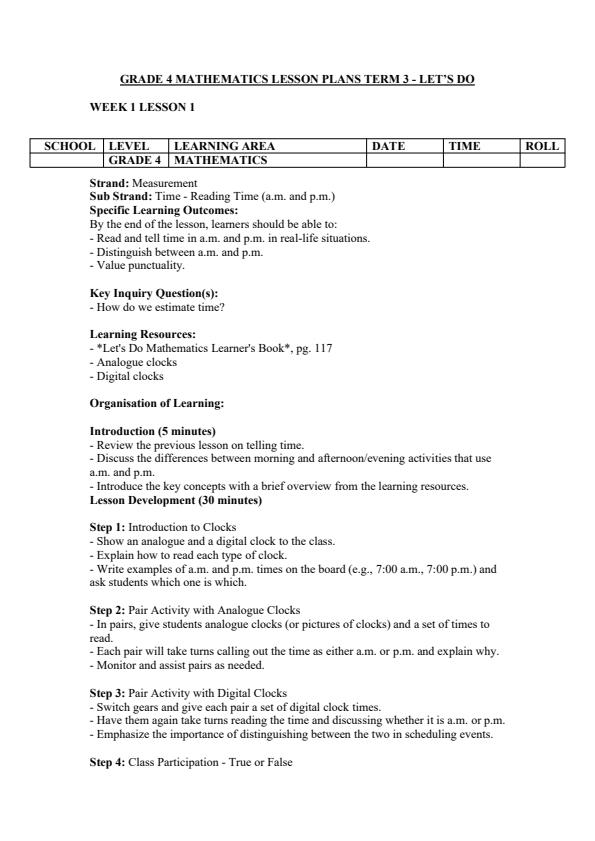 Page 1 – Grade 4 Mathematics Lesson Plans Term 3 - Let