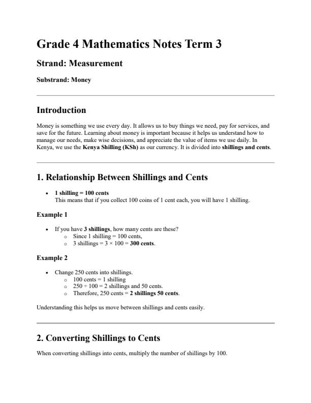 Page 1 – Grade 4 Mathematics Notes Term 3 – Kenyaplex