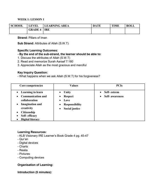 Page 1 – Grade 4 Rationalised IRE Lesson Plans Term 2 – Kenyaplex