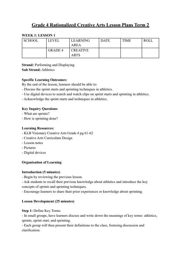 Page 1 – Grade 4 Rationalized Creative Arts and Sports Lesson Plans Term 2 – Kenyaplex