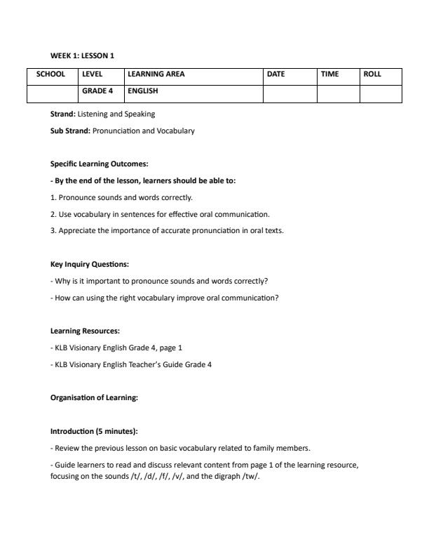 Page 1 – Grade 4 Rationalized English Lesson Plans Term 1 - KLB Visionary – Kenyaplex