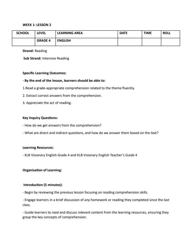 Page 4 – Grade 4 Rationalized English Lesson Plans Term 1 - KLB Visionary – Kenyaplex