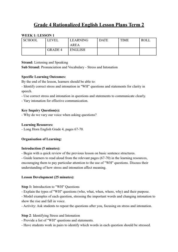 Page 1 – Grade 4 Rationalized English Lesson Plans Term 2 - Longhorn – Kenyaplex