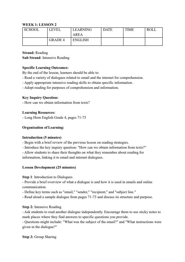 Page 3 – Grade 4 Rationalized English Lesson Plans Term 2 - Longhorn – Kenyaplex