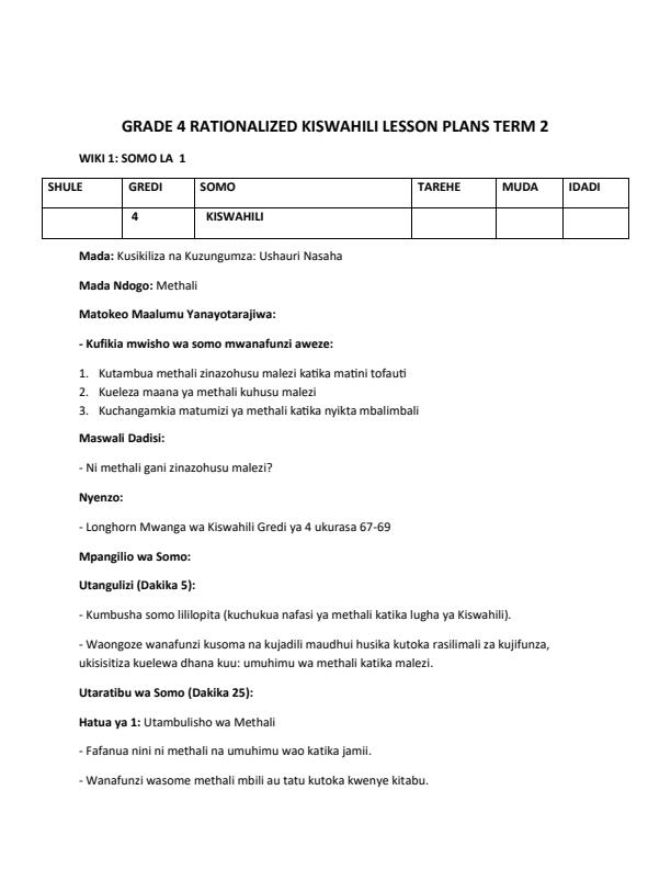 Page 1 – Grade 4 Rationalized Kiswahili Lesson Plans Term 2 - Longhorn – Kenyaplex