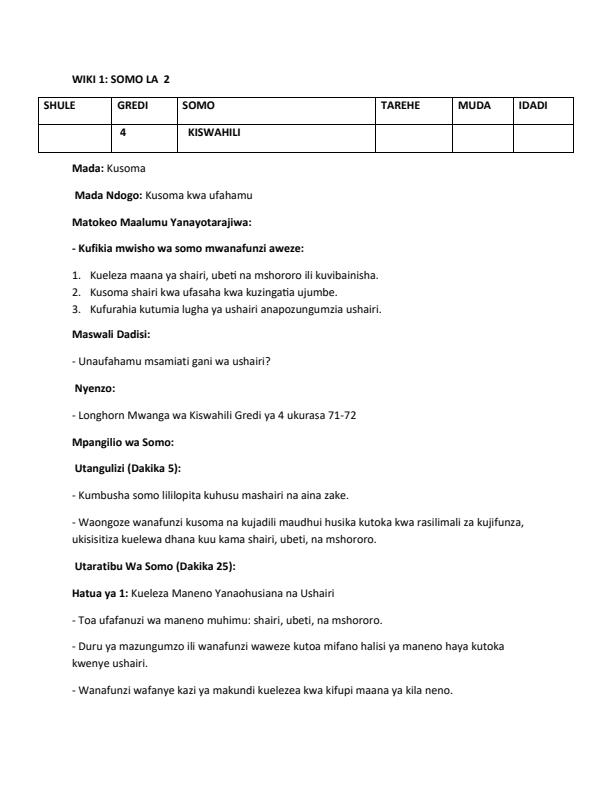 Page 4 – Grade 4 Rationalized Kiswahili Lesson Plans Term 2 - Longhorn – Kenyaplex