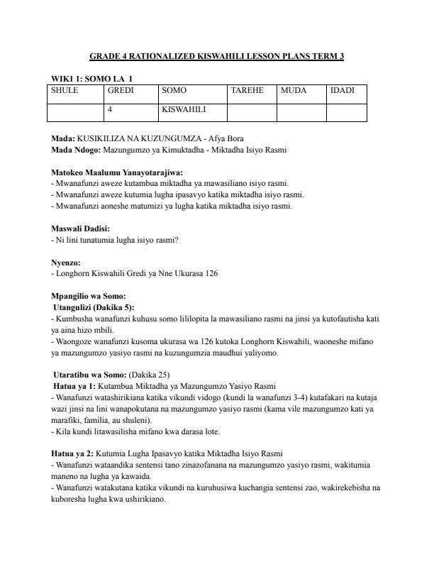 Page 1 – Grade 4 Rationalized Kiswahili Lesson Plans Term 3 – Kenyaplex