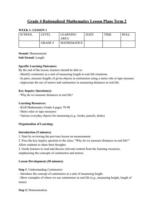 Page 1 – Grade 4 Rationalized Mathematics Lesson Plans Term 2 - KLB – Kenyaplex