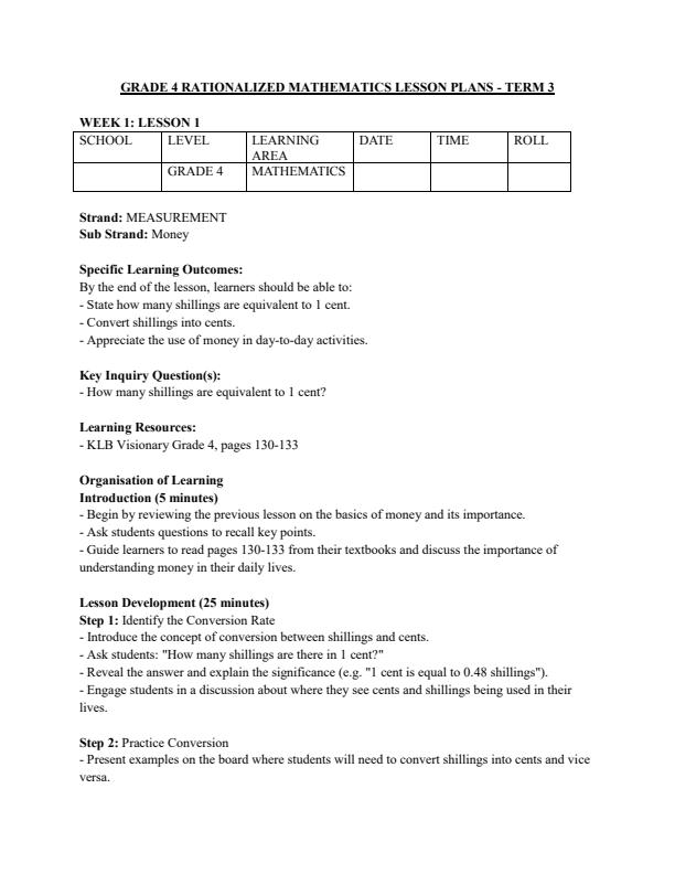 Page 1 – Grade 4 Rationalized Mathematics Lesson Plans Term 3 – Kenyaplex