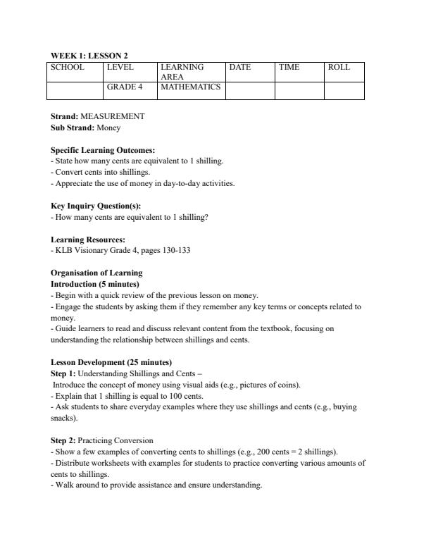 Page 3 – Grade 4 Rationalized Mathematics Lesson Plans Term 3 – Kenyaplex