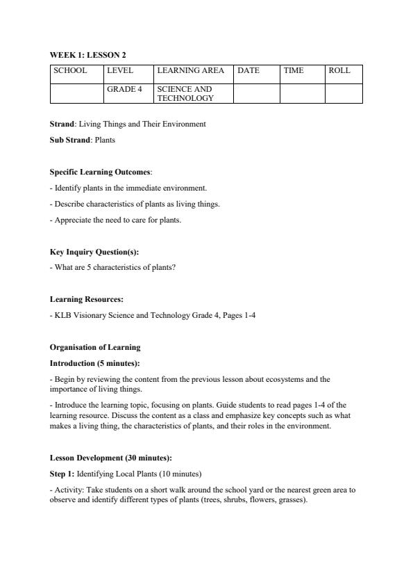 Page 4 – Grade 4 Rationalized Science and Technology Lesson Plans Term 1 - KLB Visionary – Kenyaplex