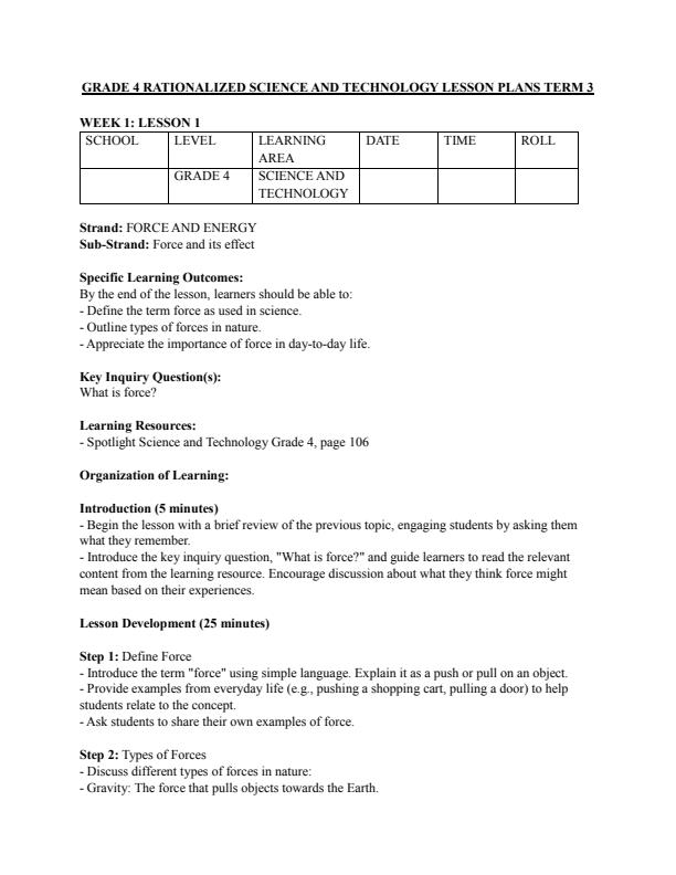 Page 1 – Grade 4 Rationalized Science and Technology Lesson Plans Term 3 – Kenyaplex
