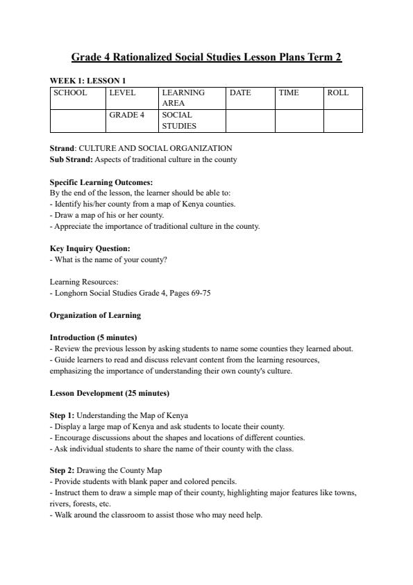 Page 1 – Grade 4 Rationalized Social Studies Lesson Plans Term 2 – Kenyaplex