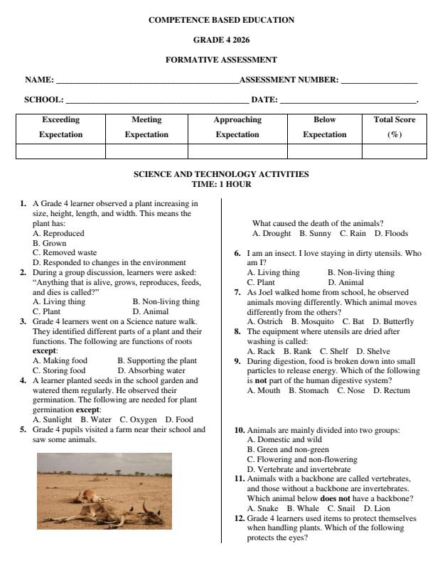 Page 1 – Grade 4 Science and Technology Activities April 2026 Holiday Assignment – Kenyaplex