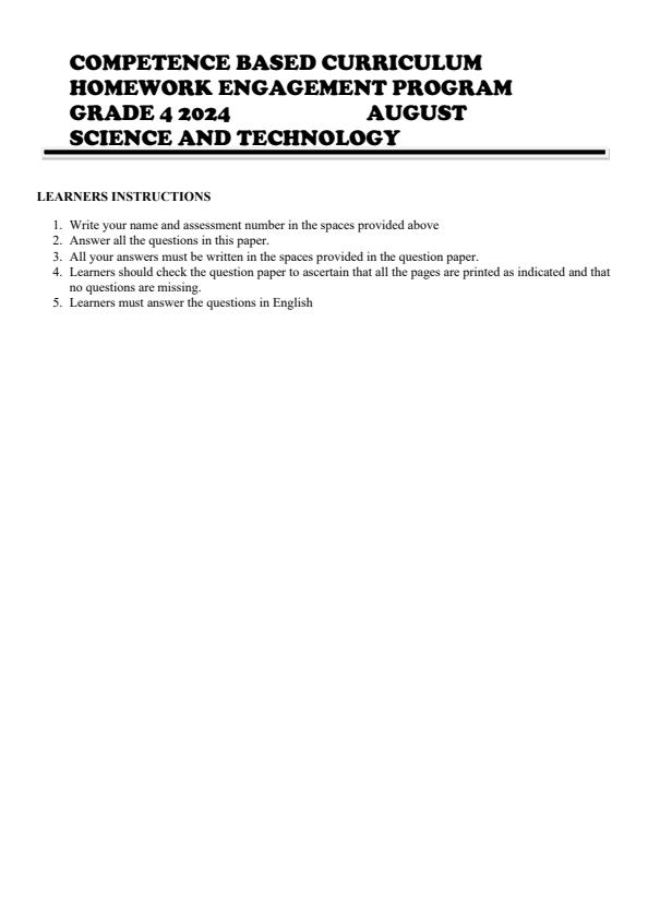 Page 1 – Grade 4 Science and Technology August 2024 Holiday Assignment – Kenyaplex