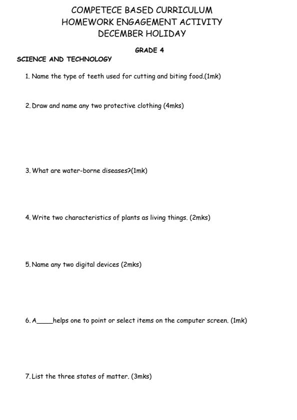 Page 1 – Grade 4 Science and Technology December 2024 Holiday Assignment – Kenyaplex