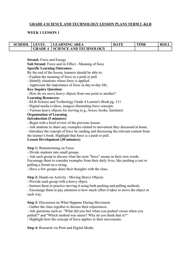 Page 1 – Grade 4 Science and Technology Lesson Plans Term 3 - KLB – Kenyaplex