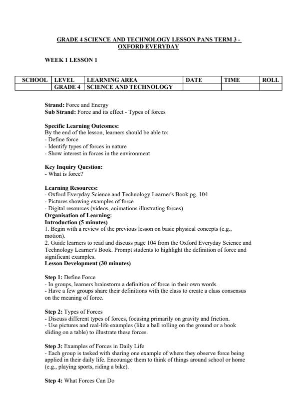 Page 1 – Grade 4 Science and Technology Lesson Plans Term 3 - Oxford Everyday – Kenyaplex
