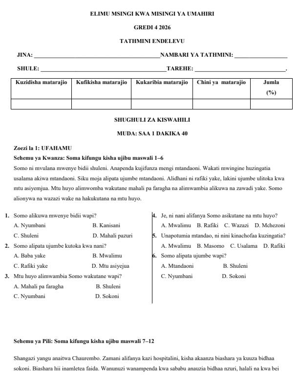 Page 1 – Grade 4 Shughuli za Kiswahili April 2026 Holiday Assignment – Kenyaplex