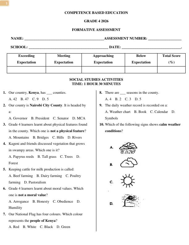 Page 1 – Grade 4 Social Studies Activities April 2026 Holiday Assignment – Kenyaplex