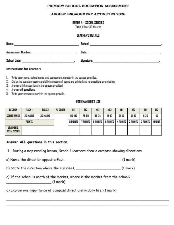 Page 1 – Grade 4 Social Studies August 2026 Holiday Assignment – Kenyaplex
