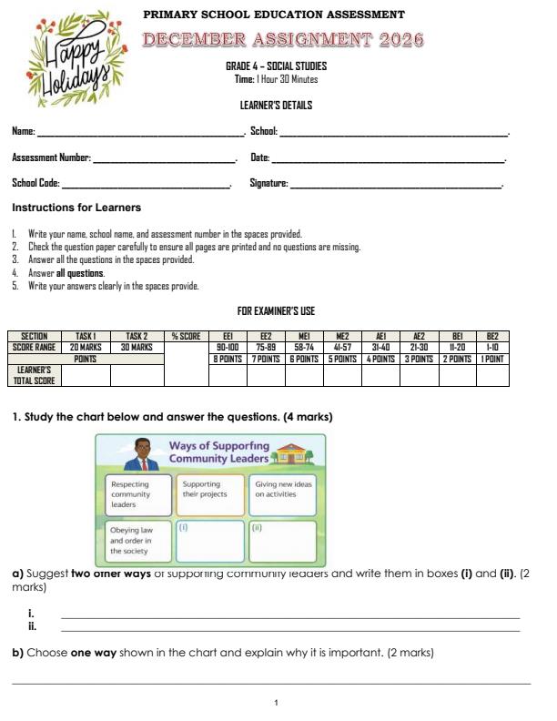Page 1 – Grade 4 Social Studies December 2026 Holiday Assignment – Kenyaplex