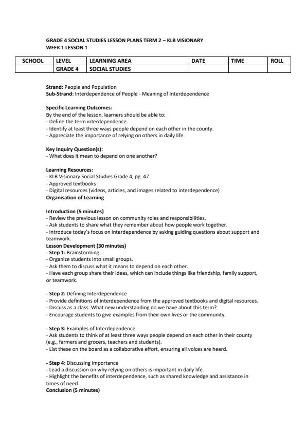 Page 1 – Grade 4 Social Studies Lesson Plans Term 2 - KLB Visionary – Kenyaplex
