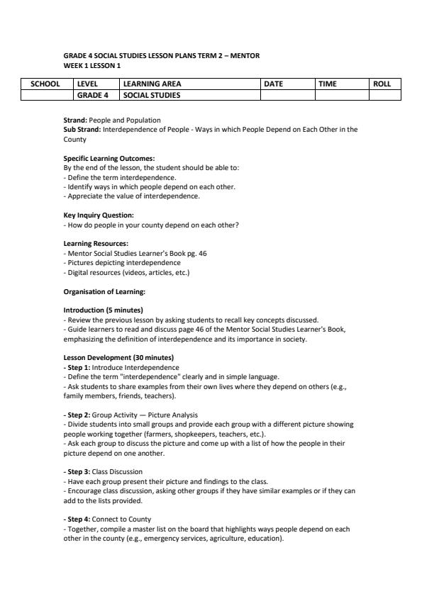 Page 1 – Grade 4 Social Studies Lesson Plans Term 2 - Mentor – Kenyaplex
