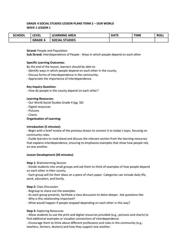Page 1 – Grade 4 Social Studies Lesson Plans Term 2 - Our World – Kenyaplex