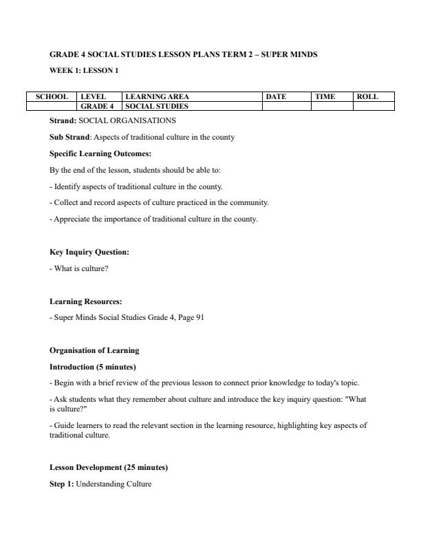 Page 1 – Grade 4 Social Studies Lesson Plans Term 2 - Super Minds – Kenyaplex