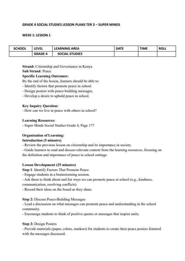 Page 1 – Grade 4 Social Studies Lesson Plans Term 3 - Super Minds – Kenyaplex