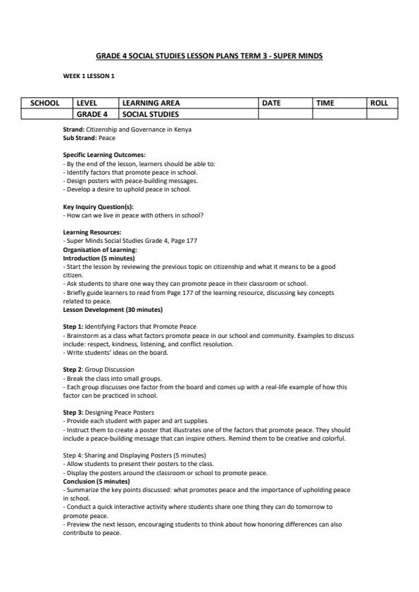 Page 1 – Grade 4 Social Studies Lesson Plans Term 3 - Super Minds – Kenyaplex